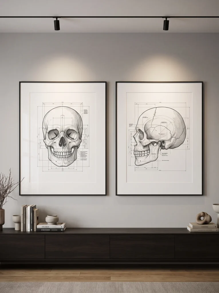 Minimalist Line-Art Anatomical Skull Prints in White Gallery Mats