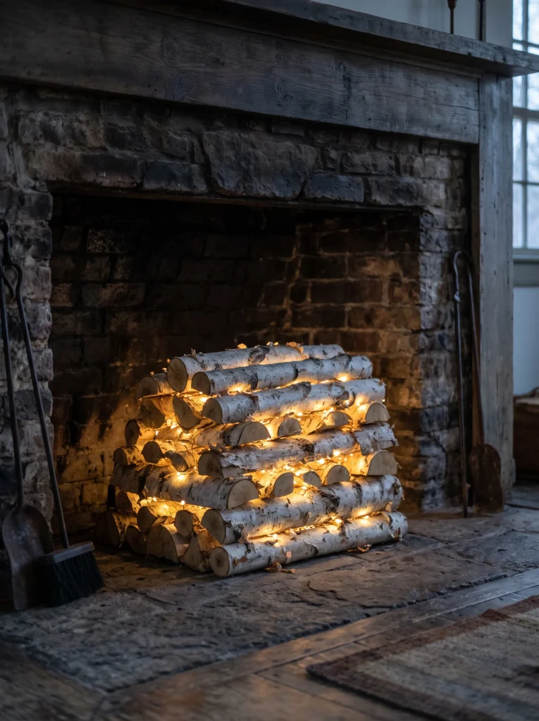 Monochromatic Bleached Birch Log Hearth Stack with Concealed Amber Fairy Lights