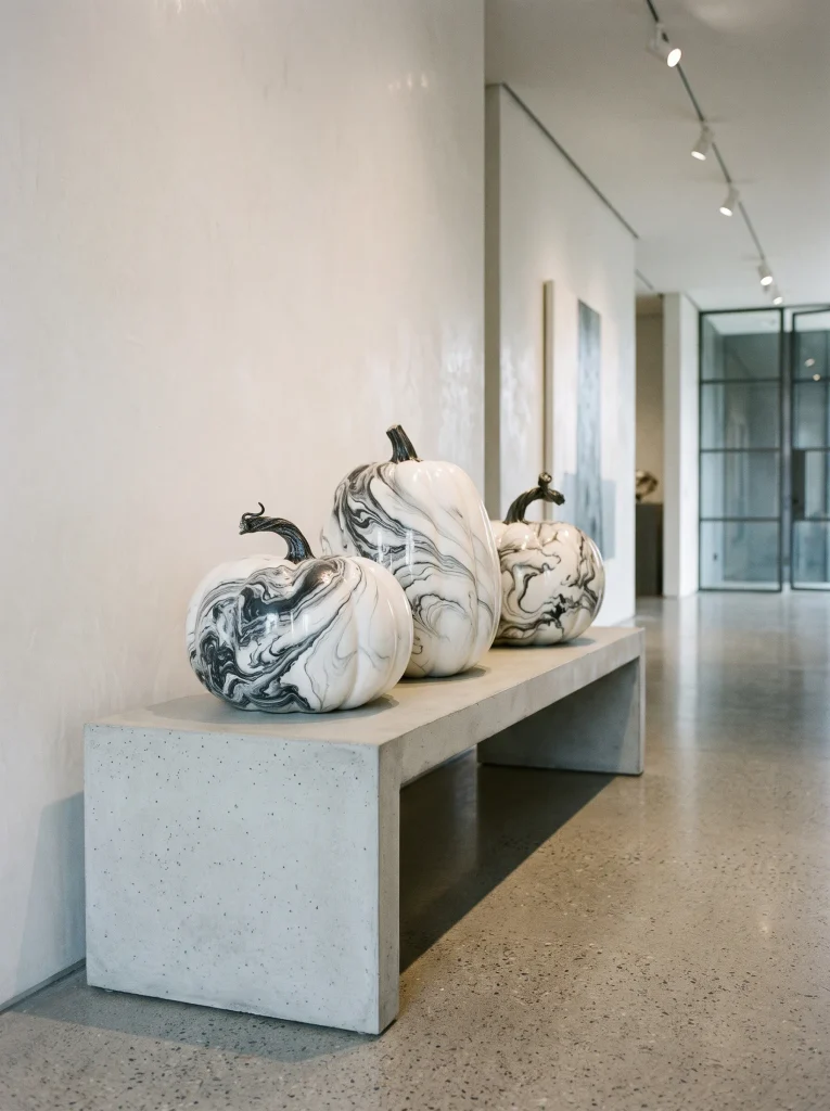Monochromatic Marbled Pumpkin Trio on a Low Plinth