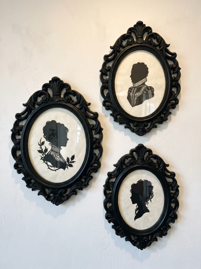 Monochromatic Silhouette Cameo Portraits in Ornate Oval Frames