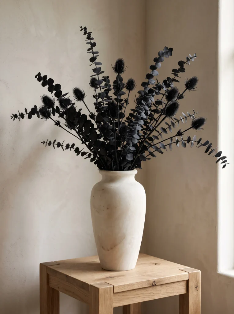 Oversized Charcoal Charcoal Charcoal Botanical Stems in an Alabaster Urn