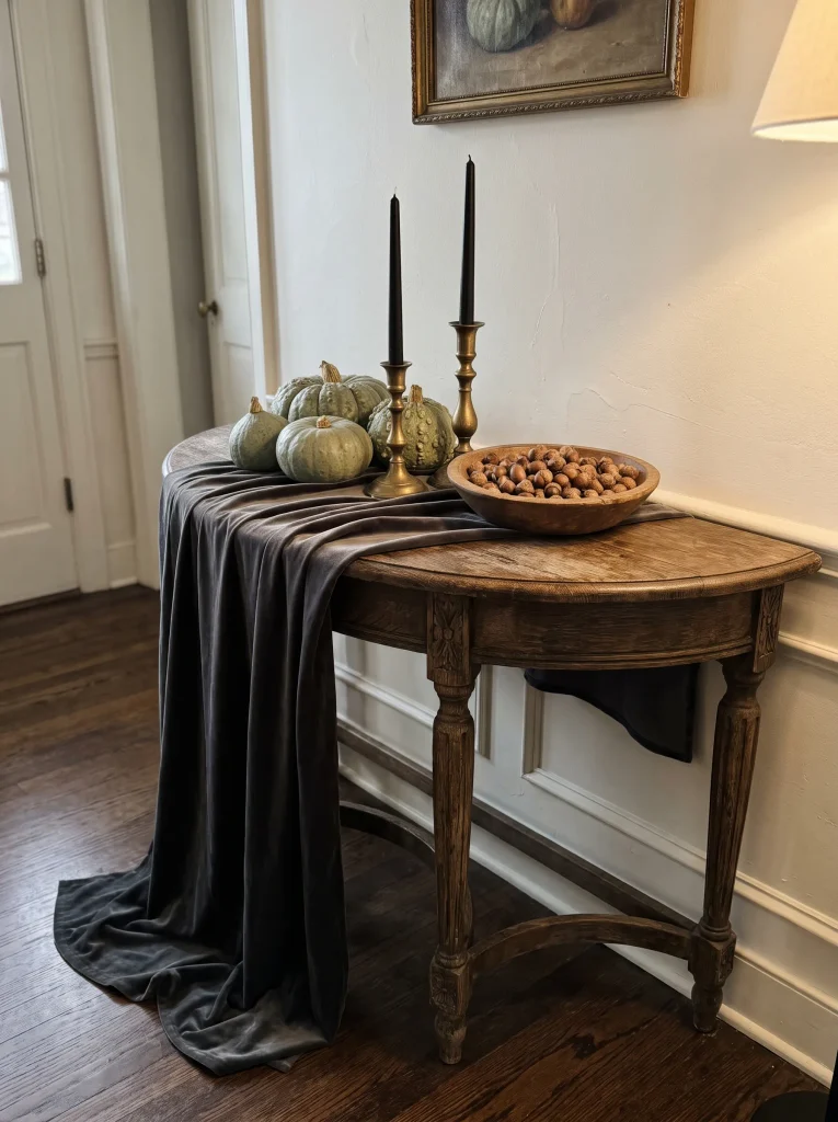 Oversized Demi-Lune Console with Charcoal Velvet Runner and Gilded Gourds