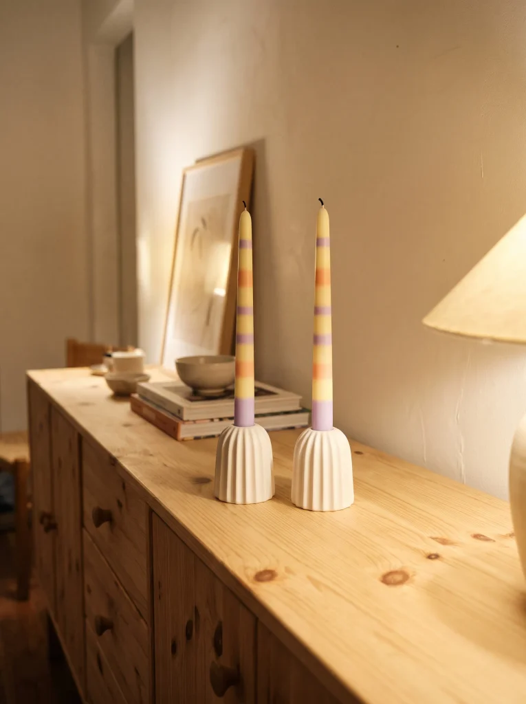 Pastel Striped Taper Candles in Fluted Ceramic Holders