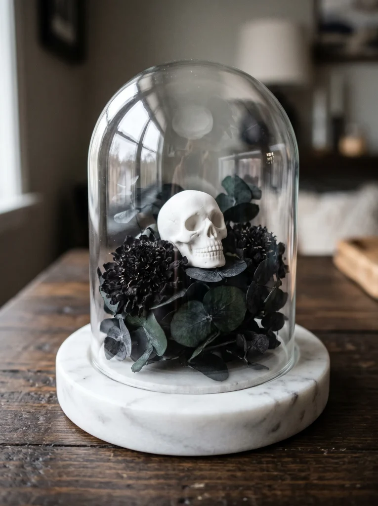 Porcelain Skull Cloche with Dried Dark Botanicals