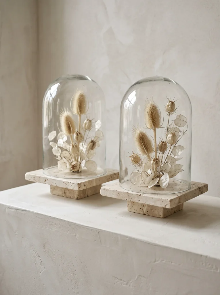 Raw Travertine Cloches Over Dried Thistle and Bone-White Pods