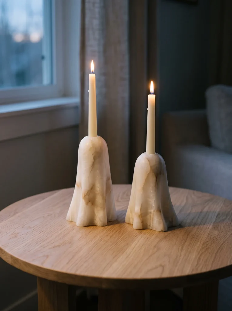 Sculptural Alabaster Ghost Candle Holders on an Oak Pedestal Table