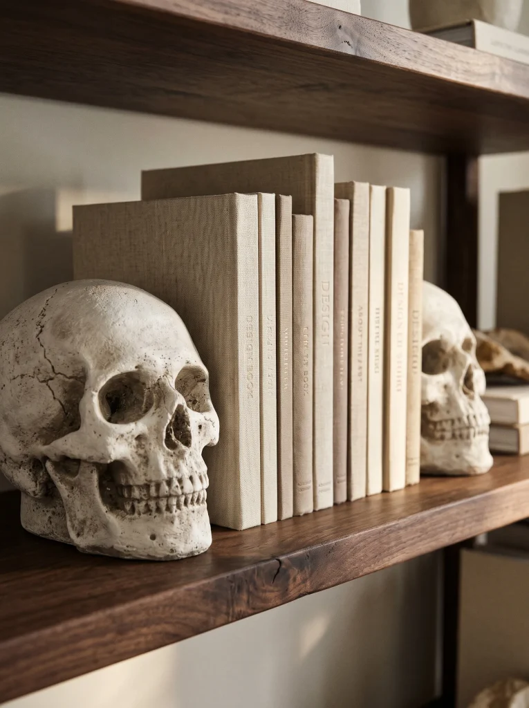 Sculptural Alabaster-Washed Skull Bookends on a Walnut Shelf