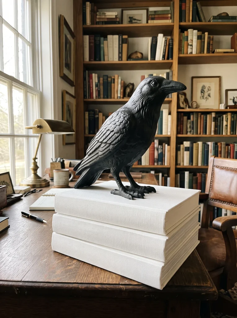 Sculptural Cast-Iron Raven Perched on an Alabaster Bookstack