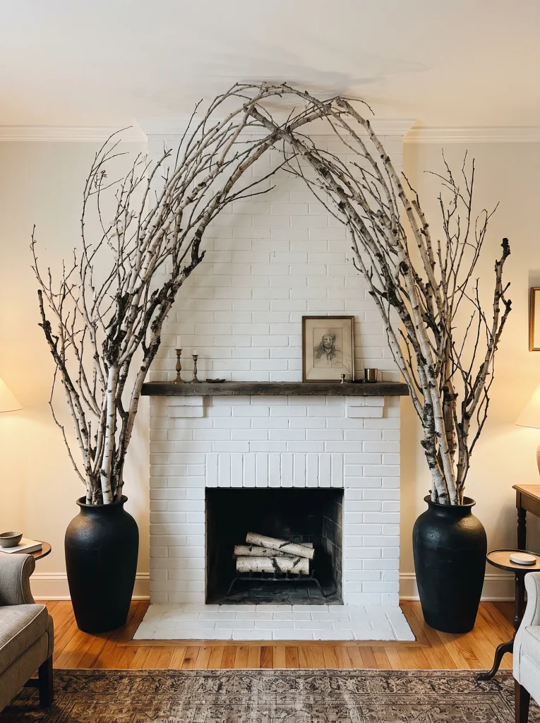 Sculptural Foraged Birch Branches Arching Over Chimney Breasts