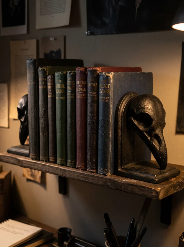 Slender Matte-Black Bookends Framing Vintage Gothic Paperbacks