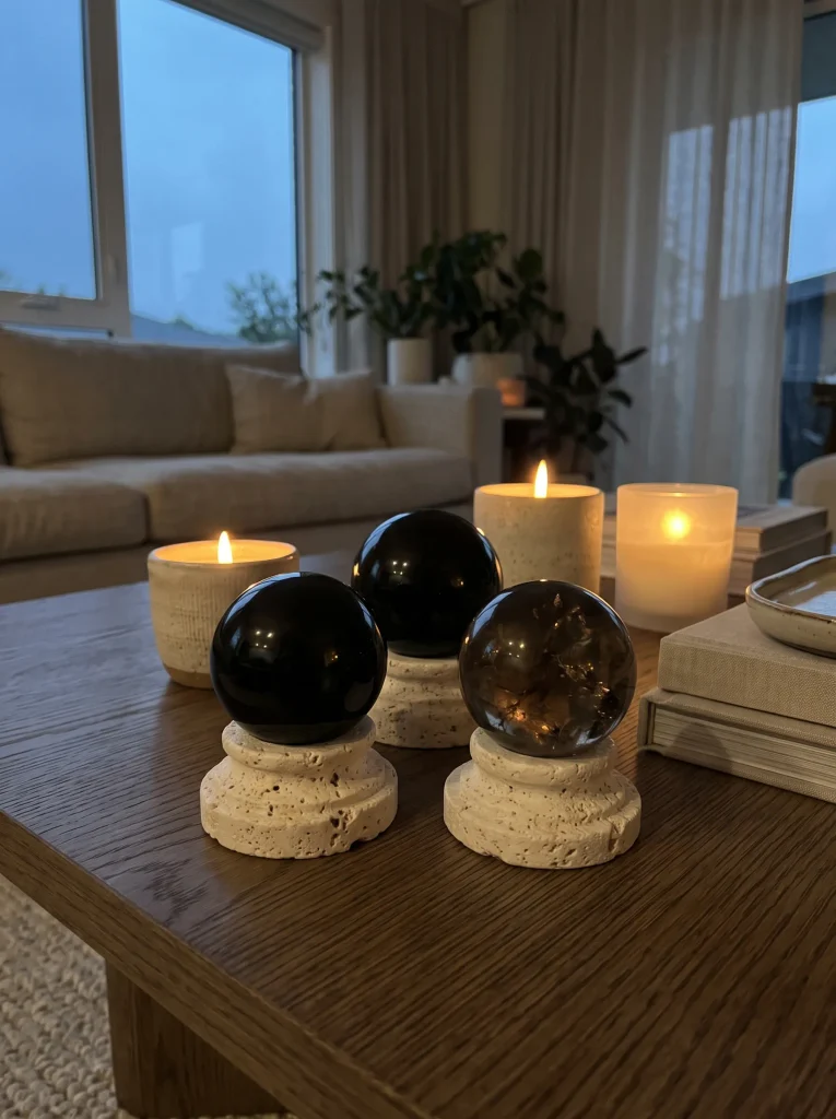 Smoked Obsidian Crystal Spheres on White Travertine Stands