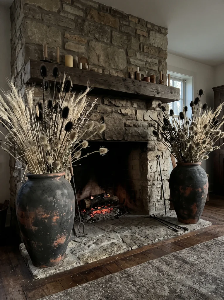 Soot-Washed Terracotta Urns Filled with Dried Wheat and Blackened Thistle