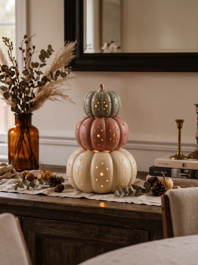 Stacked Pastel Ceramic Pumpkin Candle Holders on the Dining Buffet