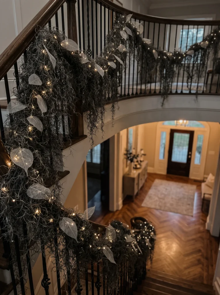 Staircase Spindle Garland of Black Spanish Moss and Skeleton Leaves