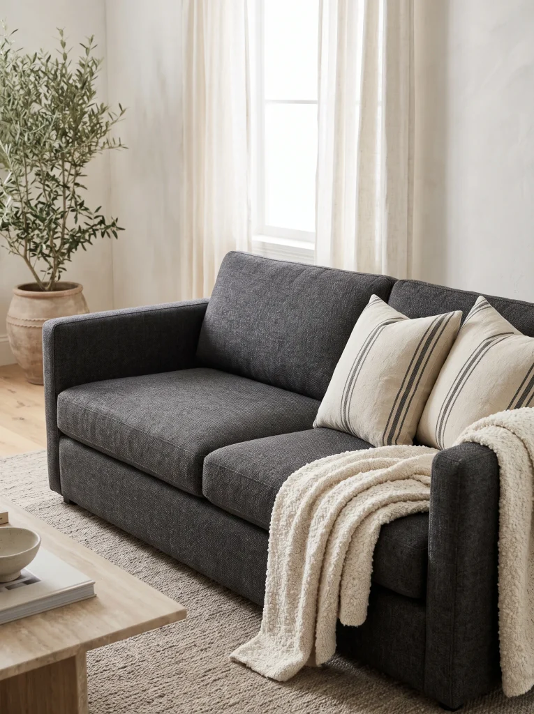 Striped Ticking-Stripe Linen Pillows on a Charcoal Sofa