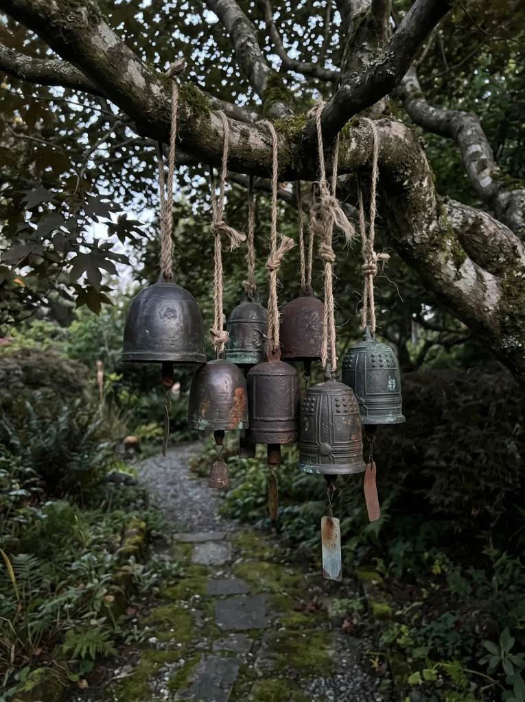 Suspended Antiqued Iron Bell Chimes on High Boughs