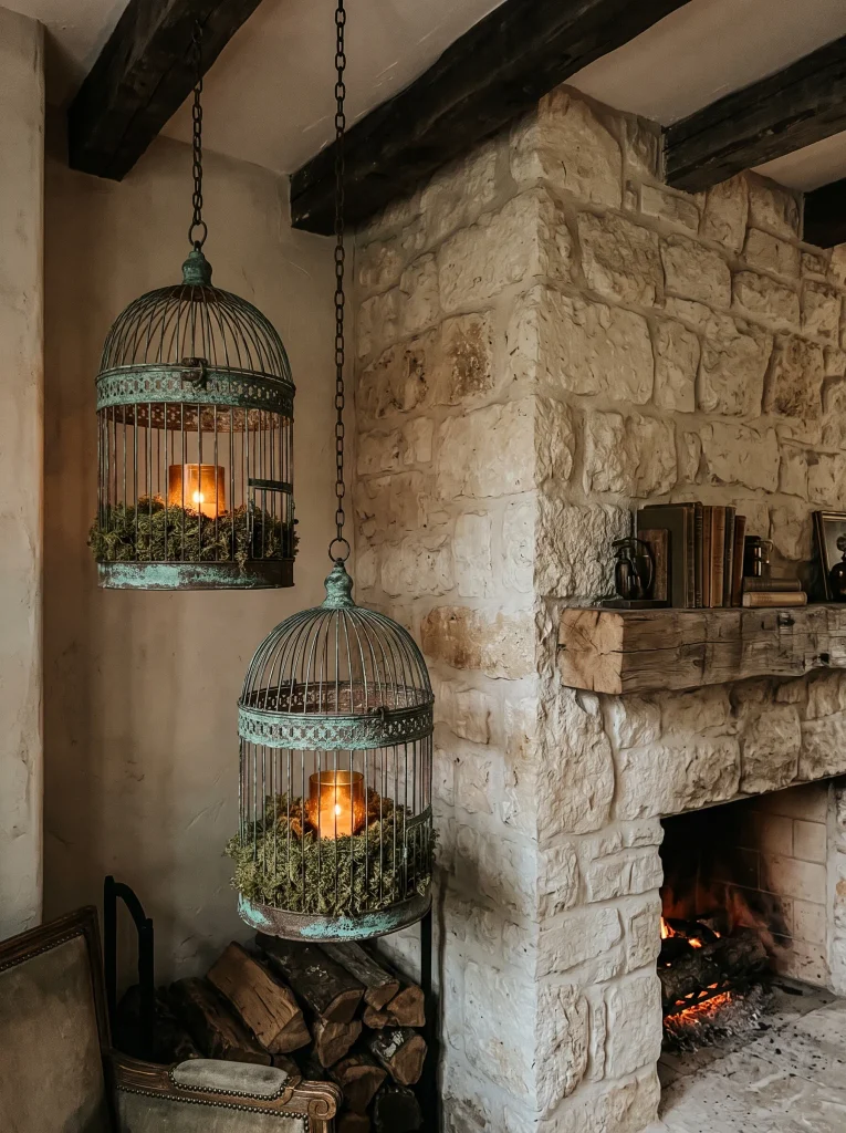 Suspended Antiqued Metal Cages with Floating Amber Votives