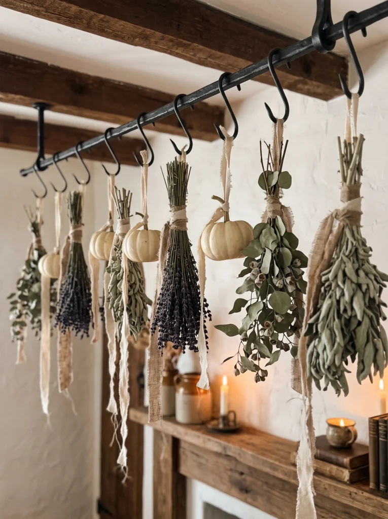 Suspended Cast-Iron Pot Rack Swapped with Hanging Dried Herbs and Florals