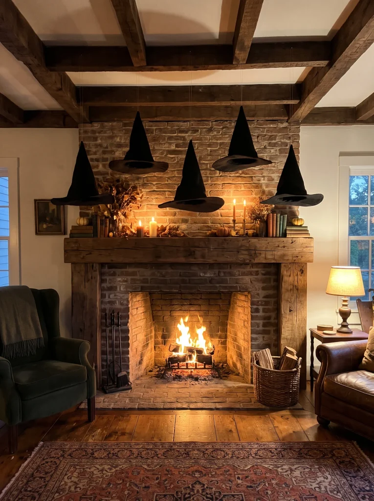 Suspended Floating Witch Hats Floating Above the Mantel Ledge