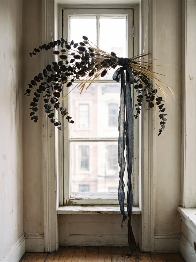 Suspended Window Frame Botanical Swag with Charcoal Ribbon