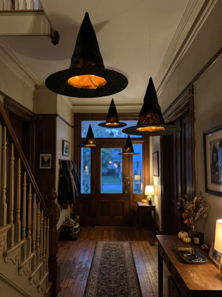 Suspended Witch Hat Installation with Floating Amber LED Microlights