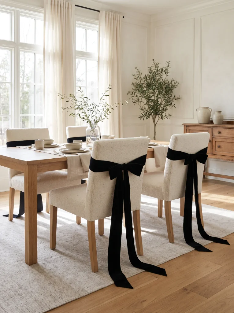 Tailored Black Velvet Ribbon Swags on Cream Dining Chairs
