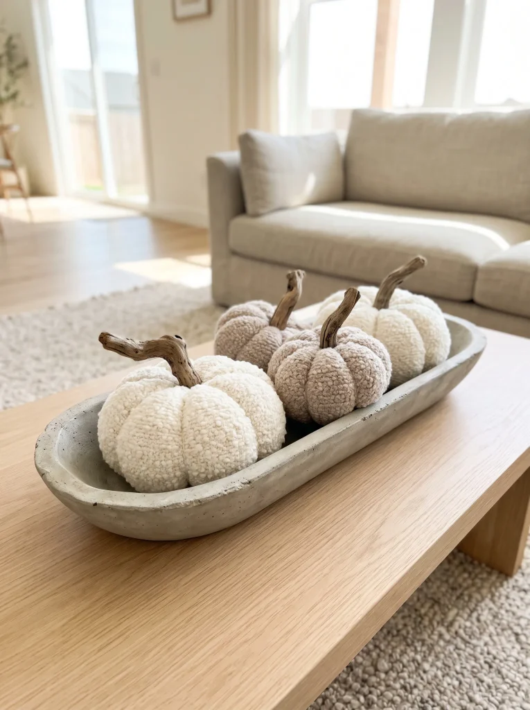 Textured Boucle Pumpkin Cluster in a Shallow Concrete Trough
