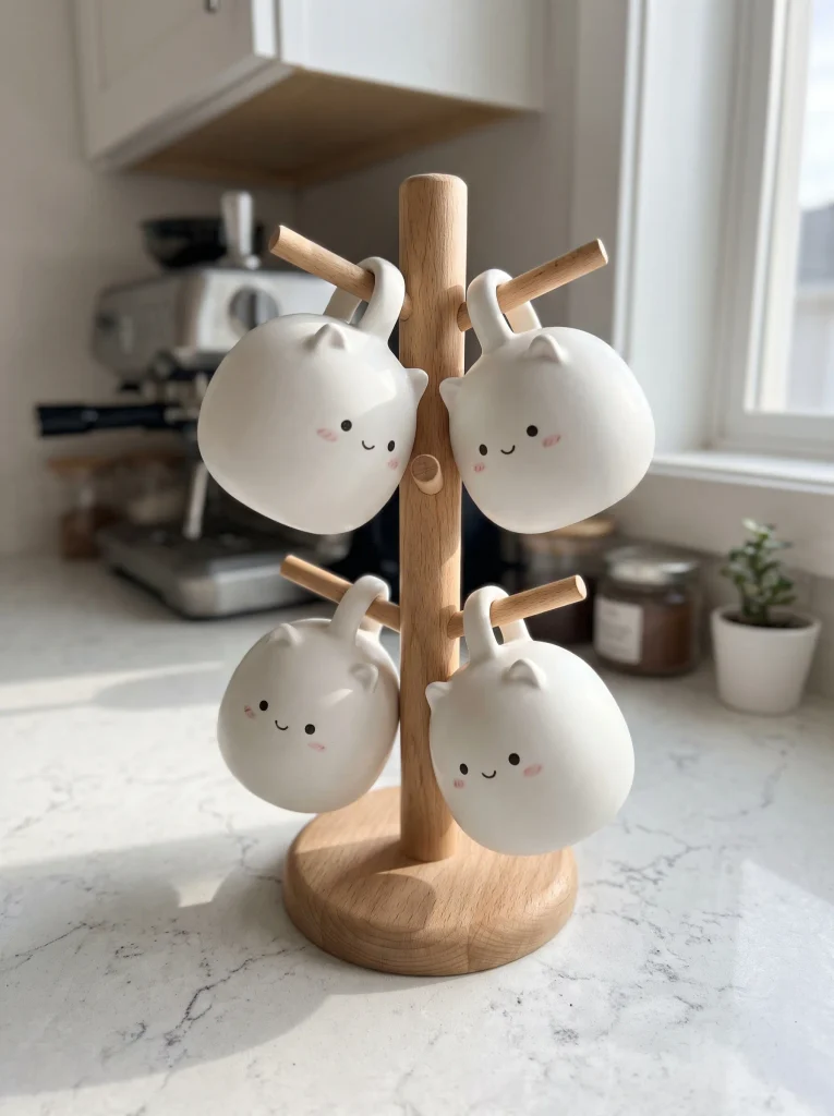 Tiered Mug Tree Displaying Ghost-Face Ceramic Cups
