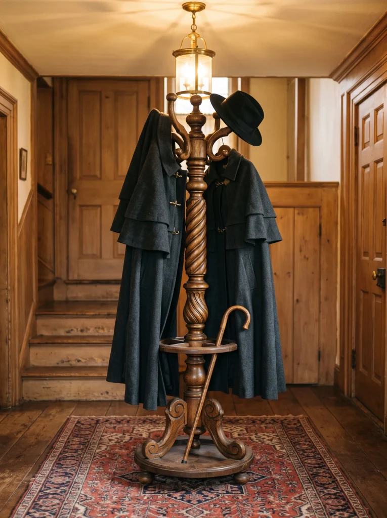 Vintage Coat Rack Draped with Dark Wool Cloaks and Felt Fedoras
