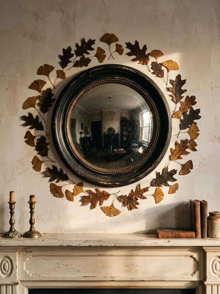 Vintage Convex Witch’s Eye Mirror Framed with Pressed Botanical Leaves