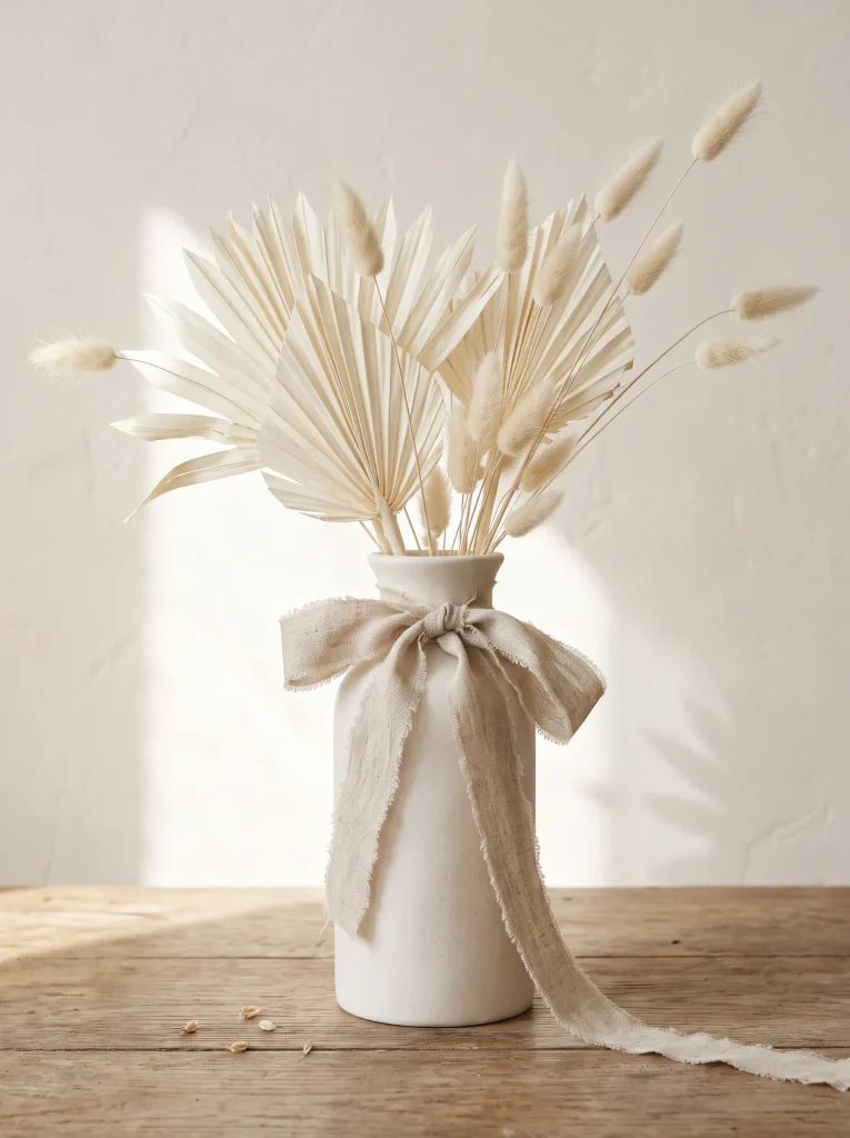 Washed Belgian Linen Ribbon Tied Around Pale Botanicals