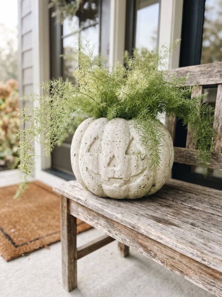 Washed Stone Jack-o’-Lantern Planter Filled with Feathery Asparagus Fern