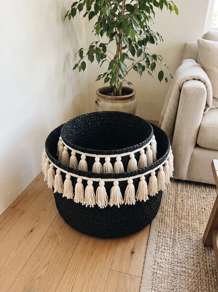 Woven Charcoal Seagrass Storage Baskets with Bone-White Tassels