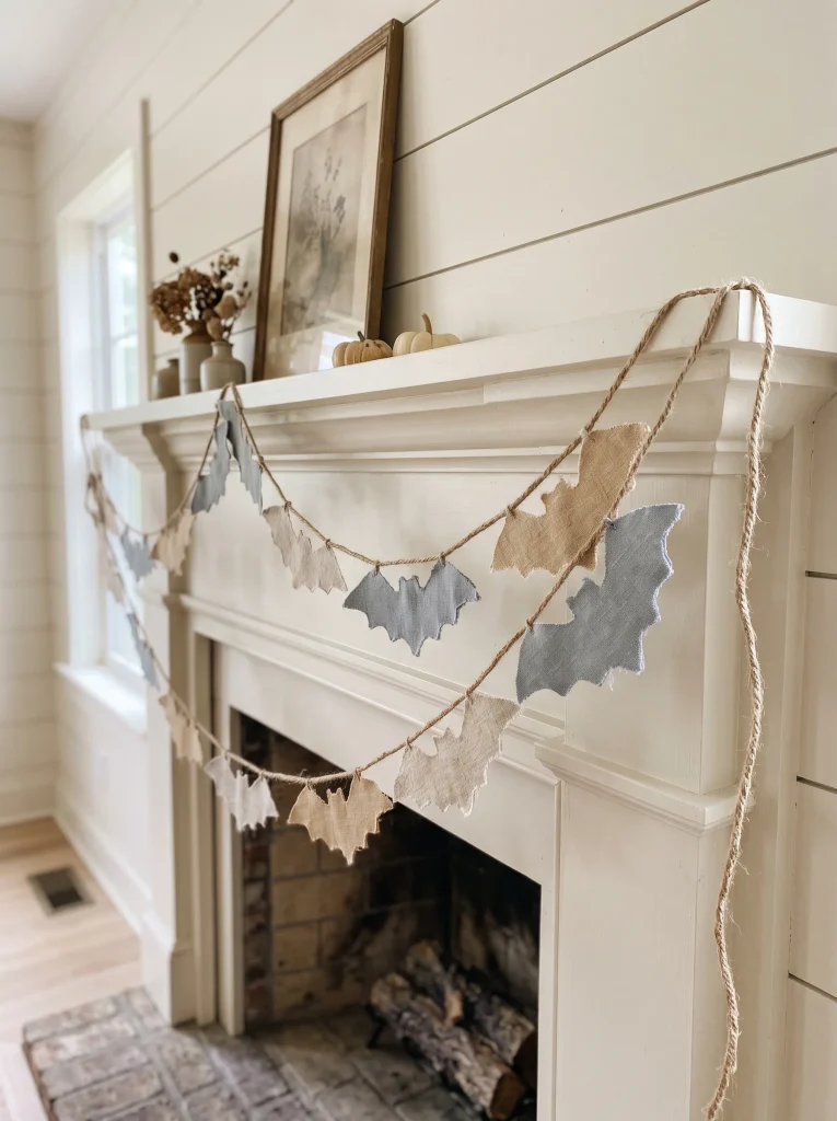 Woven Jute and Linen Bat Garland Across a Shiplap Mantel