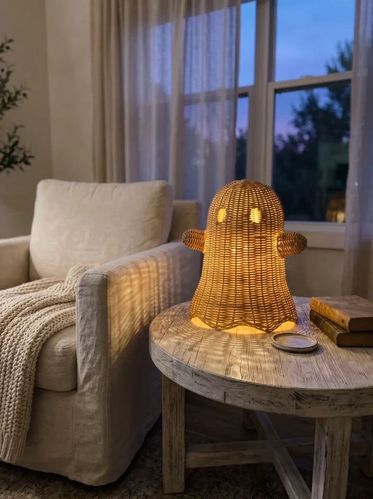 Woven Rattan Ghost Figurine with Honey-Warm LED Core
