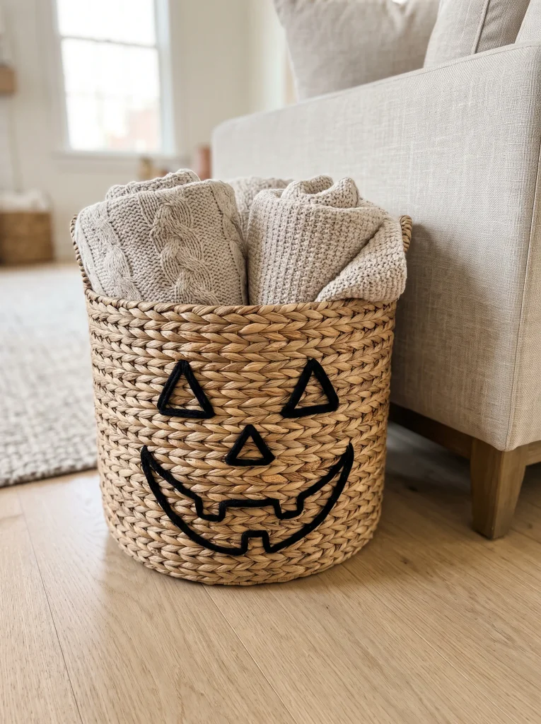 Woven Seagrass Jack-o-Lantern Basket with a Friendly Stitched Smile